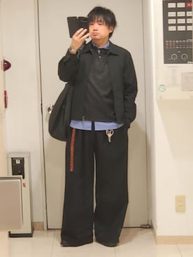 「WYM LIDNM（ウィム バイ リドム）のREFINED WAFFLE HENLEY NECK L/S TEE（Tシャツ/カットソー、ブラック系）」を使った、shusoさん（メンズ・170cm）の春コーディネート