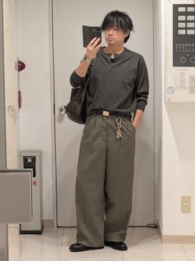 「WYM LIDNM（ウィム バイ リドム）のWOOL BLEND 14G HENLEY KNIT（ニット/セーター、グレー系）」を使った、shusoさん（メンズ・170cm）の秋コーディネート