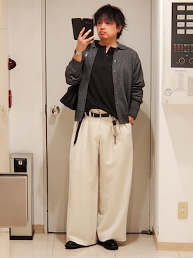 「WYM LIDNM（ウィム バイ リドム）のSLIGHT FLARE DOUBLE CLOTH BAGGY SLACKS（スラックス、ホワイト系）」を使った、shusoさん（メンズ・170cm）の春コーディネート