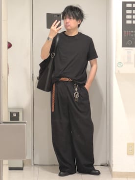 「WYM LIDNM（ウィム バイ リドム）のARC CURVED AMUNDSEN SLACKS（スラックス、ブラック系）」を使った、shusoさん（メンズ・170cm）の夏コーディネート