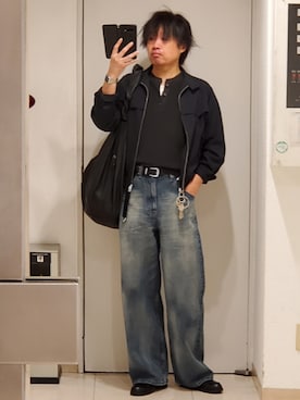 「WYM LIDNM（ウィム バイ リドム）のAZE H/S KNIT HENLEY（ニット/セーター、グレー系）」を使った、shusoさん（メンズ・170cm）の春コーディネート