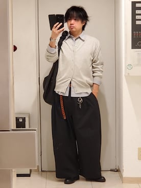 「WYM LIDNM（ウィム バイ リドム）のT/C CREW COMPACT CARDIGAN（カーディガン/ボレロ、グレー系）」を使った、shusoさん（メンズ・170cm）の春コーディネート