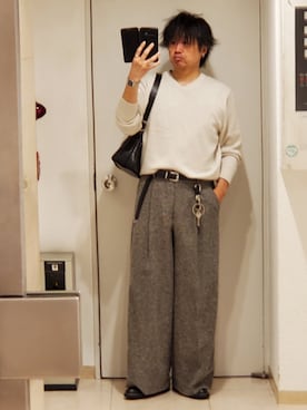 「WYM LIDNM（ウィム バイ リドム）のBREEZE TWEED DEEP TUCK BAGGY SLACKS（スラックス、グレー系）」を使った、shusoさん（メンズ・170cm）の春コーディネート