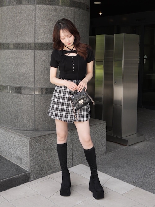 デコルテオープンチェックニットトップス セール】デコルテオープンチョーカーニット（ニット/セーター