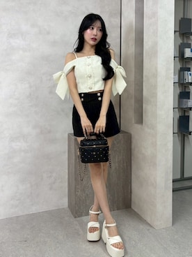 「LIPSERVICE（リップサービス）のサイドリボンオフショルトップス（Tシャツ/カットソー、ホワイト系）」を使った、LIP SERVICEさん（レディース・163cm）の春コーディネート