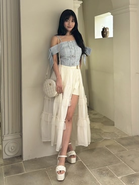 「LIPSERVICE（リップサービス）のサイドリボンオフショルトップス（Tシャツ/カットソー、ブルー系）」を使った、LIP SERVICEさん（レディース・163cm）の春コーディネート