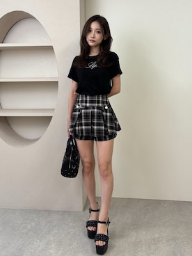 「LIPSERVICE（リップサービス）のLIPロゴアクセントTシャツ（Tシャツ/カットソー、ブラック系）」を使った、LIP SERVICEさん（レディース・158cm）の夏コーディネート