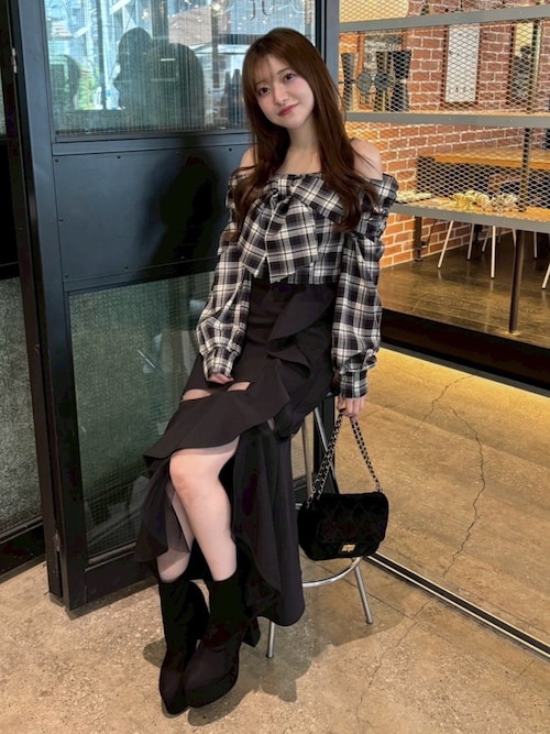 オフショルリボンチェックシャツトップス（シャツ/ブラウス