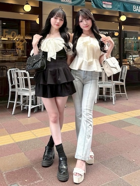 「LIPSERVICE（リップサービス）のリボンオフショルペプラムトップス（Tシャツ/カットソー、ブラック系）」を使った、LIP SERVICEさん（レディース・158cm）の夏コーディネート