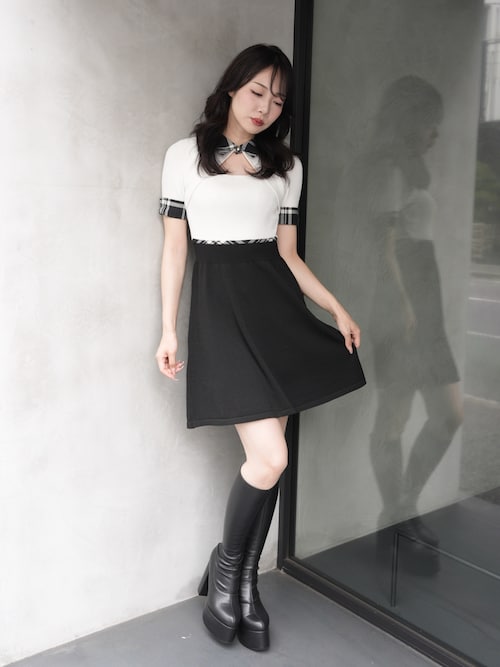 セール】チェックカラーフレアニットワンピース（ワンピース