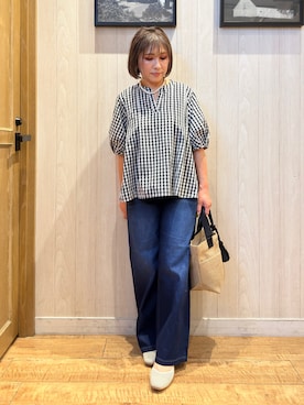「SHOO・LA・RUE（シューラルー）の【洗濯後しわになりにくい/S-LL/インせず着られる】麻調5分袖ペプラムブラウス（シャツ/ブラウス、ブラック系）」を使った、Megさん（レディース・153cm）の春コーディネート