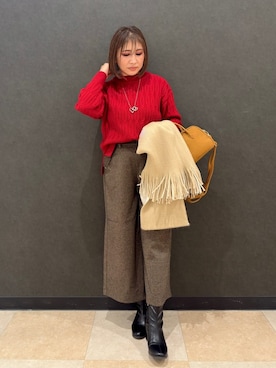 「SHOO・LA・RUE（シューラルー）の【洗える／毛玉レス】シンプルケーブル柄ニット（ニット/セーター、レッド系）」を使った、Megさん（レディース・153cm）の冬コーディネート
