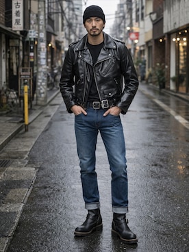 「schott（ショット）のアイテム（ジャケット/アウター）」を使った、AIファッションコーデさん（メンズ・165cm）の春コーディネート