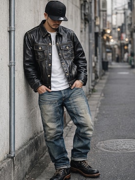 「schott（ショット）のアイテム（キャップ）」を使った、AIファッションコーデさん（メンズ・165cm）の春コーディネート