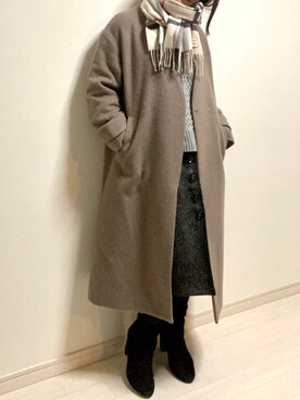 「ケーブルニット」｜「アイテム（ノーカラーコート）」を使った、mikekkoさん（レディース・155cm）の秋コーディネート