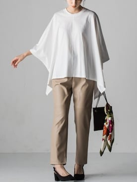 「Droite lautreamont（ドロワットロートレアモン）の【WEB別注】ポンチョ風コットンカットソー（Tシャツ/カットソー、ホワイト系）」を使った、droite_zozoさん（レディース・160cm）の夏コーディネート