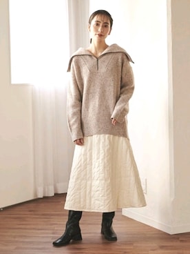 「Droite lautreamont（ドロワットロートレアモン）のジップ片あぜウールニットプルオーバー（ニット/セーター、ベージュ系）」を使った、droite_zozoさん（レディース・160cm）の秋コーディネート