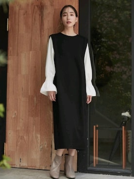 「Droite lautreamont（ドロワットロートレアモン）のヴォンダールドッキングニットワンピース≪洗える≫（ワンピース、ブラック系）」を使った、droite_zozoさん（レディース・160cm）の秋コーディネート