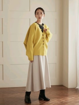 「Droite lautreamont（ドロワットロートレアモン）のアモッサニットカーディガン≪洗える≫（カーディガン/ボレロ、イエロー系）」を使った、droite_zozoさん（レディース・160cm）の秋コーディネート