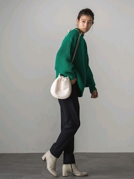 「Droite lautreamont（ドロワットロートレアモン）の片あぜカラーニットプルオーバー（ニット/セーター、グリーン系）」を使った、droite_zozoさん（レディース・160cm）の秋コーディネート