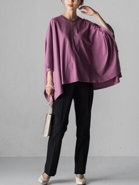 「Droite lautreamont（ドロワットロートレアモン）の【WEB別注】ポンチョ風コットンカットソー（Tシャツ/カットソー、ピンク系）」を使った、droite_zozoさん（レディース・160cm）の夏コーディネート