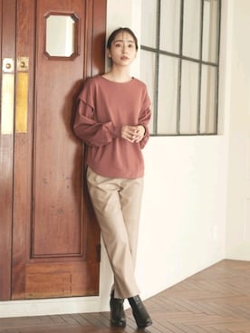 「Droite lautreamont（ドロワットロートレアモン）のタックショルダーコットンプルオーバー≪洗える≫（Tシャツ/カットソー、ピンク系）」を使った、droite_zozoさん（レディース・160cm）の秋コーディネート