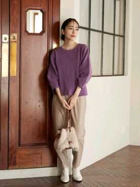 「Droite lautreamont（ドロワットロートレアモン）のフォルムニットプルオーバー≪洗える≫（ニット/セーター、パープル系）」を使った、droite_zozoさん（レディース・160cm）の秋コーディネート