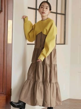 「Droite lautreamont（ドロワットロートレアモン）のタイプライターティアードワンピース≪洗える≫（ワンピース、イエロー系）」を使った、droite_zozoさん（レディース・160cm）の秋コーディネート