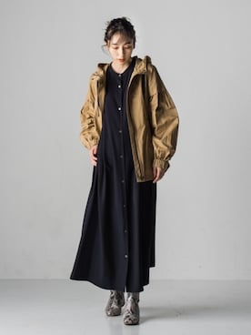 「Droite lautreamont（ドロワットロートレアモン）のギャザーロングスリーブワンピース≪洗える≫（ワンピース、ブラック系）」を使った、droite_zozoさん（レディース・160cm）の夏コーディネート