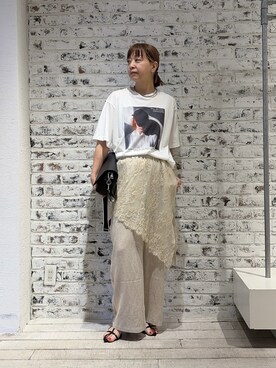 「PUAL CE CIN（ピュアルセシン）のレディーフォトプリントTシャツ（T Shirts、ホワイト系）」を使った、denruriさん（レディース・160cm）の夏コーディネート