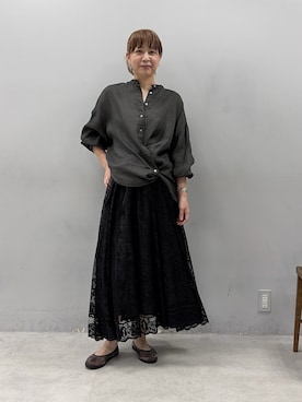 「PUAL CE CIN（ピュアルセシン）の2WAYカシュクールブラウス（Shirts、グレー系）」を使った、denruriさん（レディース・160cm）の夏コーディネート