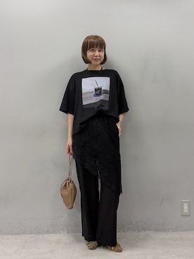 「PUAL CE CIN（ピュアルセシン）のコーヒーフォトプリントTシャツ（T Shirts、ブラック系）」を使った、denruriさん（レディース・160cm）の夏コーディネート