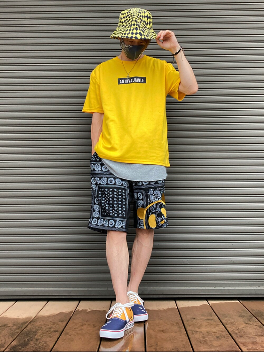 「バケットハット、スウェットパンツ、低身長、ショートパンツ、プリントT、着回しコーデ、黄色、黄色コーデ」｜「KANGOLのアイテム（ハット、イエロー系）」を使った、tanda1015🐼不定期投稿さん（メンズ・167cm）の夏コーディネートの1枚目の写真