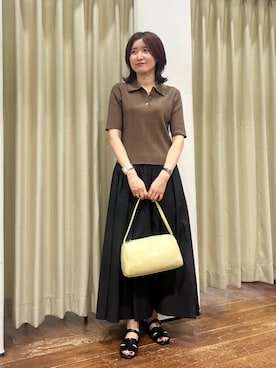 「URBAN RESEARCH（アーバンリサーチ）のランダムリブポロ衿ニット（ポロシャツ、ブラウン系）」を使った、idetomoさん（レディース・156cm）の夏コーディネート