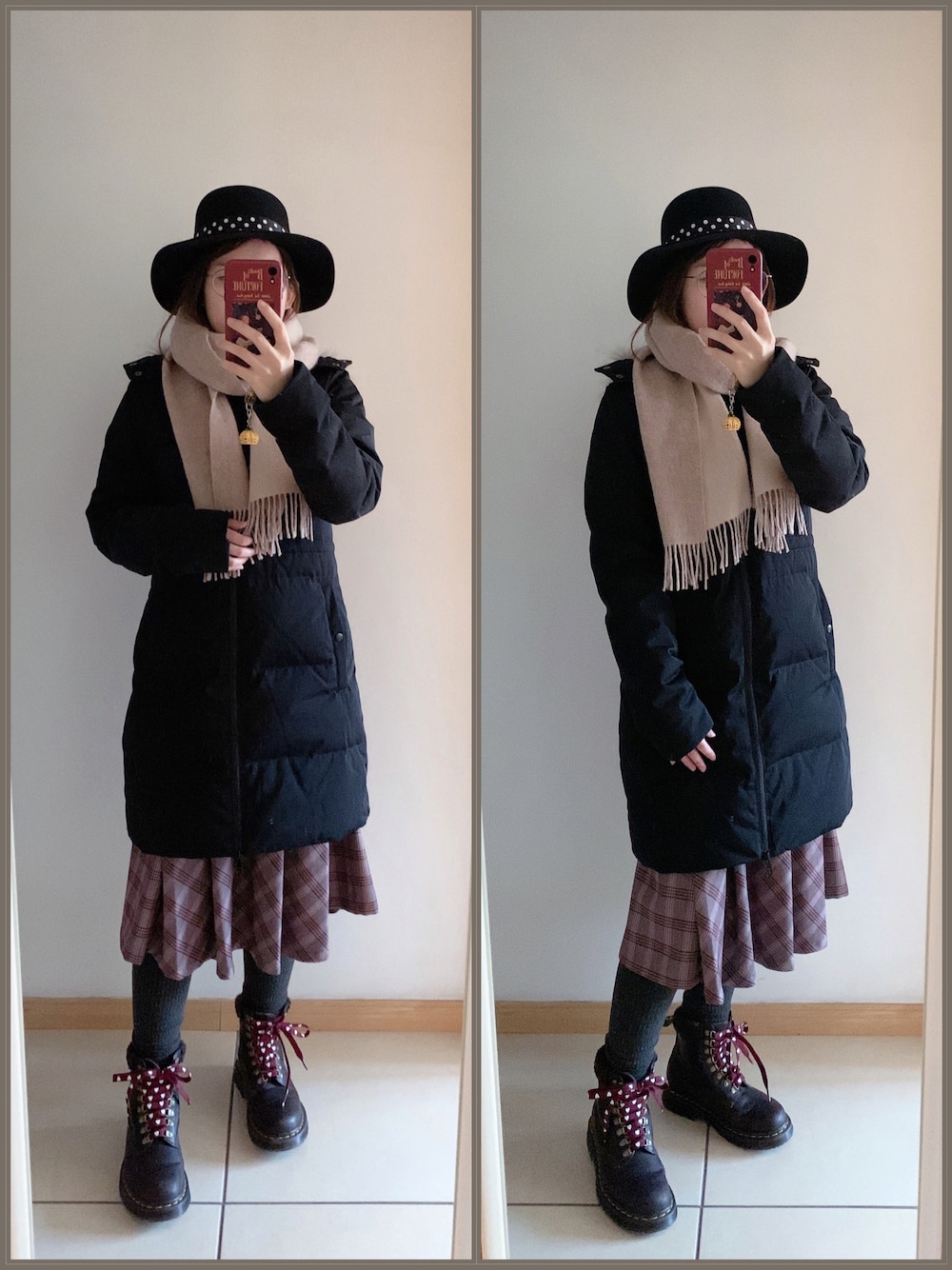 「オトナカジュアル、おしゃれさんと繋がりたい、オトナ女子、お洒落さんとつながりたい、ブラック、冬コーデ」｜「Dr. Martensの【Dr.Martens】ドクターマーチン　WINTERGLIP　1460　COLLARSNOW（ウインターグリップ）8ホールブーツ　25990001/26091247（ブーツ、ブラウン系）」を使った、yuyanllさん（レディース・159cm）の冬コーディネートの1枚目の写真