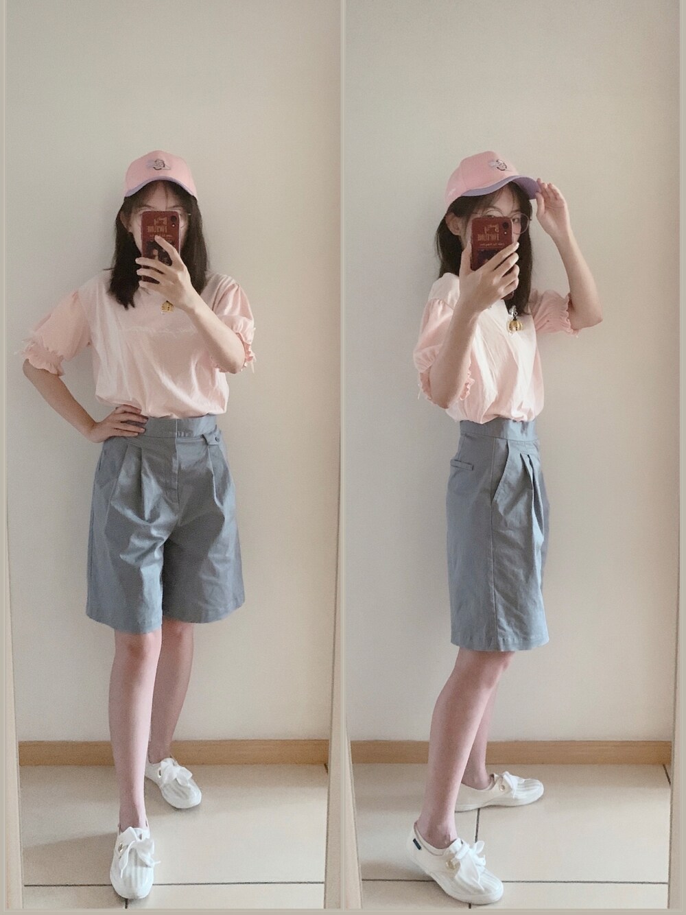 「スニーカー、スニーカーコーデ、ショートパンツ、ピンク、秋のコーデ、秋コーデ、ハット、ハイウエスト、ハーフパンツ、キャップ」｜「CLEARIMPRESSION の《musee》コットンツイルショートパンツ（その他パンツ、ブルー系）」を使った、yuyanllさん（レディース・159cm）の秋コーディネートの1枚目の写真