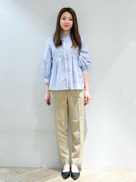 「index（インデックス）の《6color》フリルバンドカラーペプラムブラウス【洗濯機洗い可/イージーアイロン/防シワ】（シャツ/ブラウス、ブルー系）」を使った、yuikaさん（レディース・167cm）の春コーディネート
