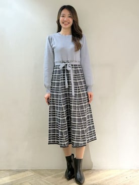 「index（インデックス）のチェックラメジャカードニットワンピース（ワンピース、ブルー系）」を使った、yuikaさん（レディース・167cm）の冬コーディネート
