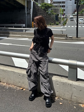 「SLY（スライ）のRANDOM SHIRRING CUT TOPS ランダムシャーリングカットトップス 春服 夏服（Tシャツ/カットソー、ブラック系）」を使った、SLY officialさん（レディース・162cm）の夏コーディネート