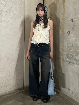 「SLY（スライ）のJ/W SWITCHING STRAIGHT PT ジャストウエスト スイッチング ストレートパンツ 秋服（デニムパンツ）」を使った、SLY officialさん（レディース・159cm）の夏コーディネート