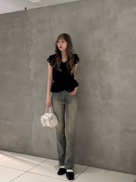 「SLY（スライ）のCUT LACE FRILL TOPS カットレースフリルトップス 秋服 夏服 春服 ノースリーブトップス（シャツ/ブラウス、ブラック系）」を使った、SLY officialさん（レディース・163cm）の夏コーディネート