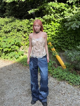 「SLY（スライ）のJQ SATIN LACE CAMI TOPS ジャガードサテンレースキャミトップス 夏服 秋服（キャミソール、ホワイト系）」を使った、SLY officialさん（レディース・162cm）の夏コーディネート