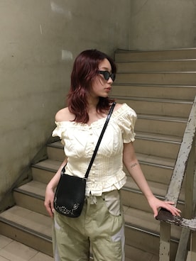 「SLY（スライ）のPUFF SLEEVES WOVEN TOPS パフスリーブスウーブントップス 夏服 秋服（シャツ/ブラウス、ホワイト系）」を使った、SLY officialさん（レディース・159cm）の夏コーディネート