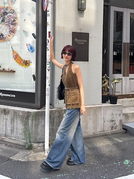 「SLY（スライ）のMIRITARY HALTER VEST ミリタリーホルターベスト 夏服 秋服（ベスト、グリーン系）」を使った、SLY officialさん（レディース・162cm）の夏コーディネート