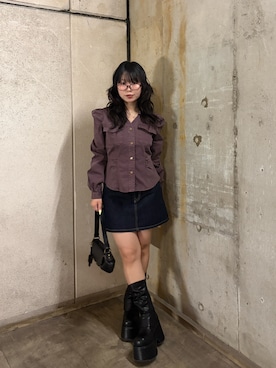 「SLY（スライ）の【セットアップ着用可○】DENIM PUFF SLEEVE SH デニムパフスリーブシャツ 秋服　冬服　パープルトップス（シャツ/ブラウス、パープル系）」を使った、SLY officialさん（レディース・166cm）の秋コーディネート