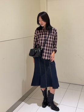 「SLY（スライ）のLOOSE CHECK SH ルーズチェックシャツ 夏服 秋服 冬服（シャツ/ブラウス、オレンジ系）」を使った、SLY officialさん（レディース・163cm）の夏コーディネート