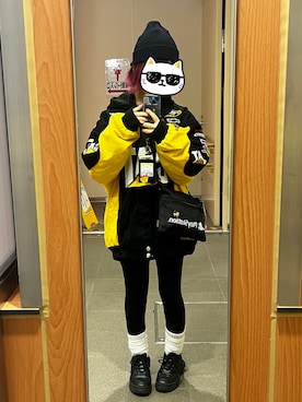 「古着のアイテム（ジャケット/アウター、イエロー系）」を使った、あいうえおさん（レディース・151cm）の春コーディネート