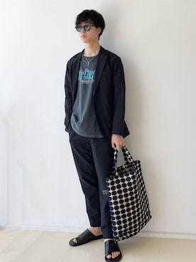 「アイテム（トートバッグ、ブルー系）」を使った、東松さん（メンズ・168cm）の夏コーディネート