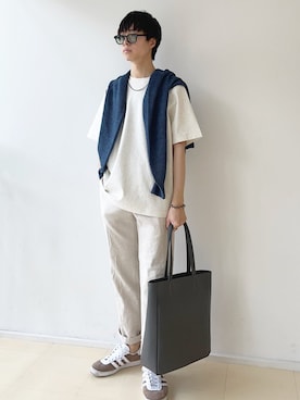 「アイテム（ニット/セーター、ブルー系）」を使った、東松さん（メンズ・168cm）の夏コーディネート