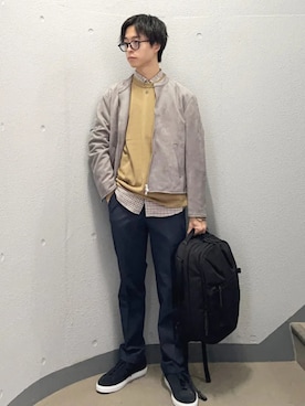 「シップス」｜「アイテム（ライダースジャケット）」を使った、東松さん（メンズ・168cm）の冬コーディネート